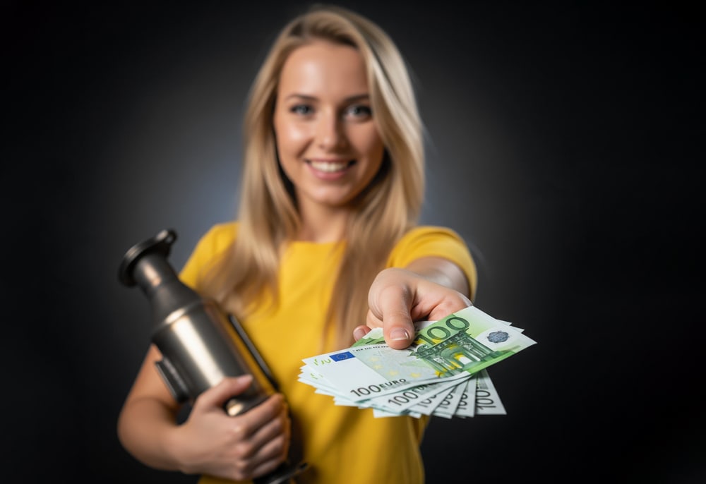 Lächelnde Frau in Gelb hält einen Katalysator und bietet Euro-Geldscheine an.